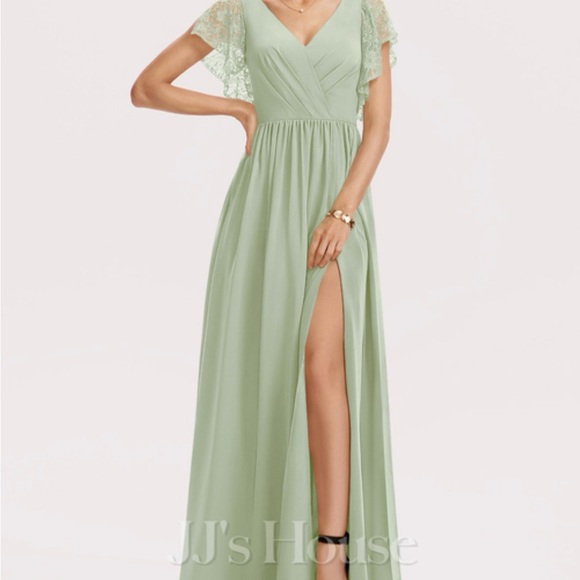 celadon bridesmaid dresses A Line Off The Shoulder Chiffon Long Bridesmaid Dress with Slit main image 0